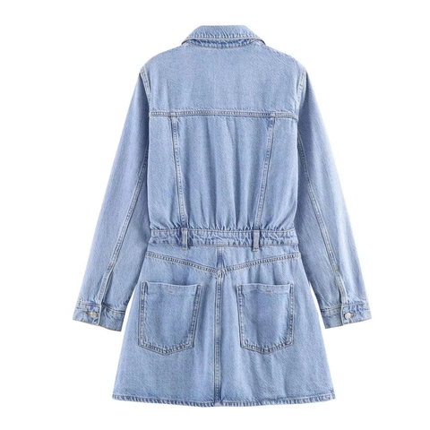 Women Vintage Long Sleeve Denim Dress Slim Fit V Neck Button Up Mini Dress Elegant Casual Blue Jean Dresses For Women