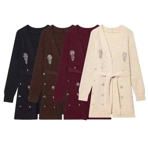 Gilet en Tricot Élégant pour Femme avec Strass et Ceinture Manches Longues Col en V Pull Perlé Décontracté Automne Hiver