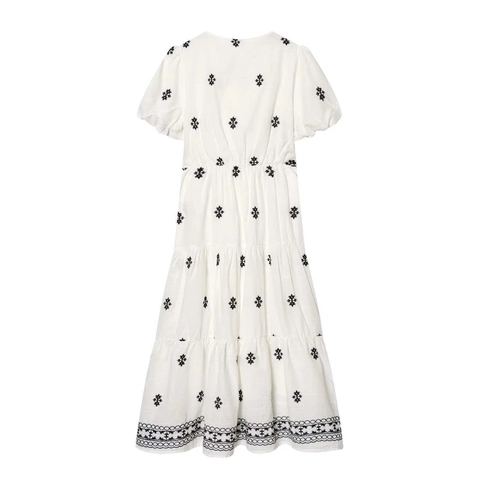Robe Midi Élégante pour Femmes à Col en V et Broderie Florale Blanc Mélange de Coton Manches Bouffantes Jupe à Étages Décontractée