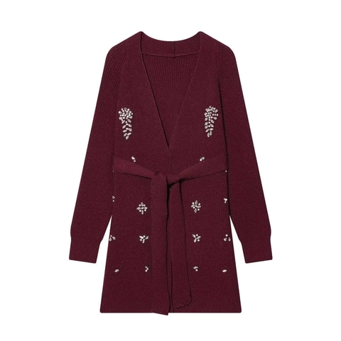 Gilet en Tricot Élégant pour Femme avec Strass et Ceinture Manches Longues Col en V Pull Perlé Décontracté Automne Hiver