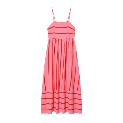 Dames Zomervakantie Gestreepte Spaghetti Strap Maxi Jurk Polyestermix Crinkle Textuur Roze Rood Lange Swing Jurk