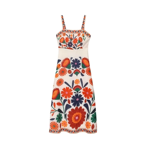 Robe Maxi Nuisette Femme Bohème Imprimé Floral Lin de Coton Col Carré Sans Manches Coupe Trapèze Robe de Vacances