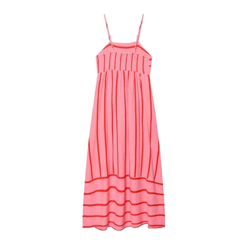 Dames Zomervakantie Gestreepte Spaghetti Strap Maxi Jurk Polyestermix Crinkle Textuur Roze Rood Lange Swing Jurk