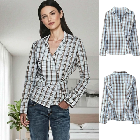 Women Plaid Wrap V-Neck Blouse Elegant Long Sleeve Polyester Shirt For Office Casual Wear Classic Autumn Checkered Top