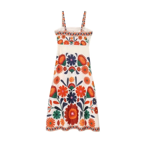 Robe Maxi Nuisette Femme Bohème Imprimé Floral Lin de Coton Col Carré Sans Manches Coupe Trapèze Robe de Vacances