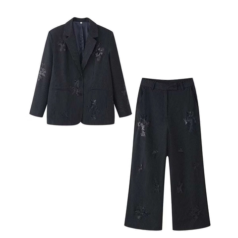 Damen Elegant Nadelstreifen Anzug Pailletten Blumen Stickerei Reverskragen Blazer Hohe Taille Weites Bein Hose Set