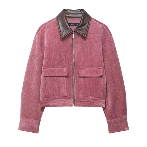 Chaqueta de Pana Vintage para Mujer Con Cuello de Cuero Sintético Patchwork Cremallera Frontal Bolsillos Casual Manga Larga