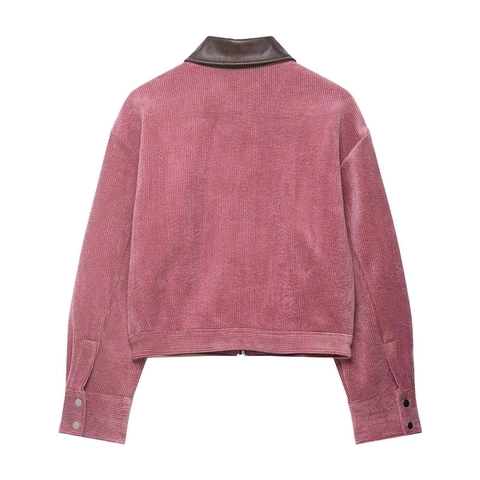 Chaqueta de Pana Vintage para Mujer Con Cuello de Cuero Sintético Patchwork Cremallera Frontal Bolsillos Casual Manga Larga