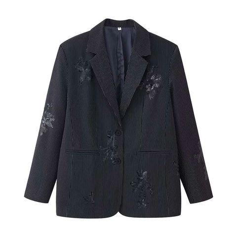 Damen Elegant Nadelstreifen Anzug Pailletten Blumen Stickerei Reverskragen Blazer Hohe Taille Weites Bein Hose Set