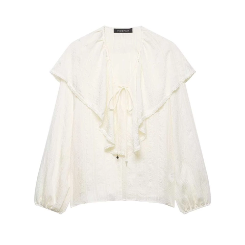 Elegante Camicetta con Collo a Volant Manica Lunga Vintage Beige Pizzo Patchwork Camicia a Lanterna Pendolare Ufficio Top