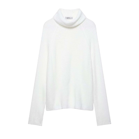 Maglione in Maglia a Collo Alto in Poliestere Elegante da Donna Bianco Tinta Unita con Spacco Posteriore Pullover Casual