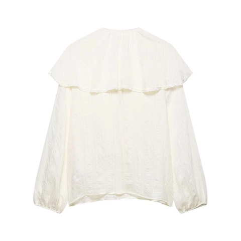 Elegante Camicetta con Collo a Volant Manica Lunga Vintage Beige Pizzo Patchwork Camicia a Lanterna Pendolare Ufficio Top