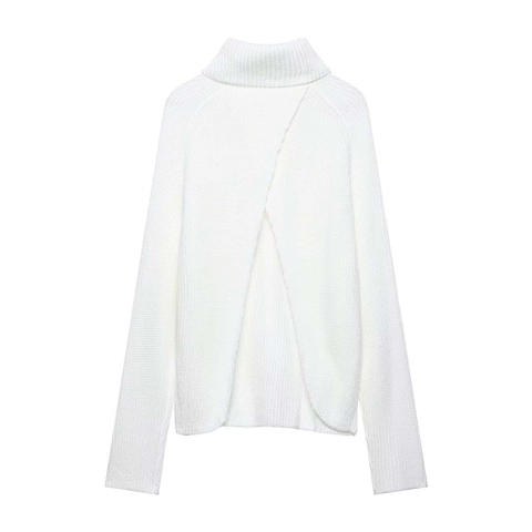 Maglione in Maglia a Collo Alto in Poliestere Elegante da Donna Bianco Tinta Unita con Spacco Posteriore Pullover Casual