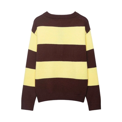 Women Casual Striped Knit Sweater Long Sleeve Lapel Collar Loose Pullover Autumn Winter Warm Knitwear Brown Yellow Top