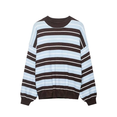 Suéter de Punto a Rayas Holgado para Mujer Manga Larga Cuello Redondo Casual Color de Contraste Top a Rayas Azules para Otoño