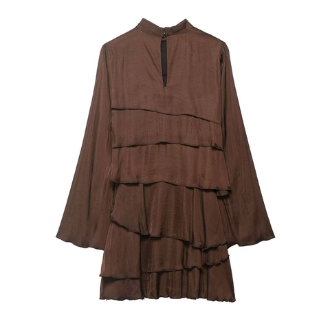 Women High Neck Long Sleeve Satin Tiered Mini Dress Elegant Solid Color Ruffle Cake Dress Evening Party Fashion Short Dress