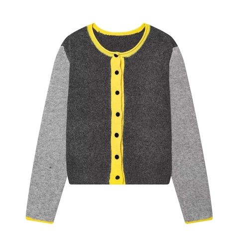 Cardigan en Maille Rétro pour Femmes Color Block Col Rond Manches Longues Pull à Bordure Contrastée Gris Jaune