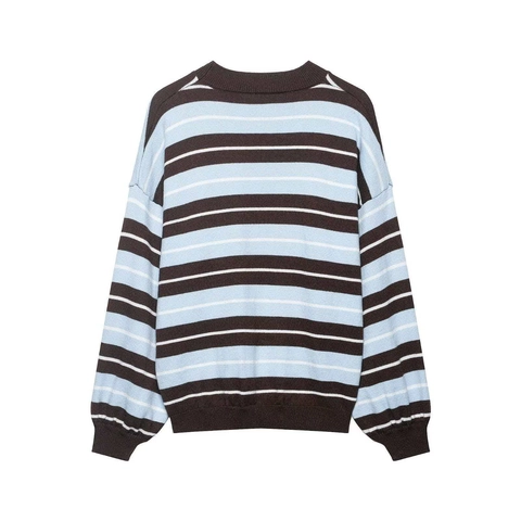 Suéter de Punto a Rayas Holgado para Mujer Manga Larga Cuello Redondo Casual Color de Contraste Top a Rayas Azules para Otoño