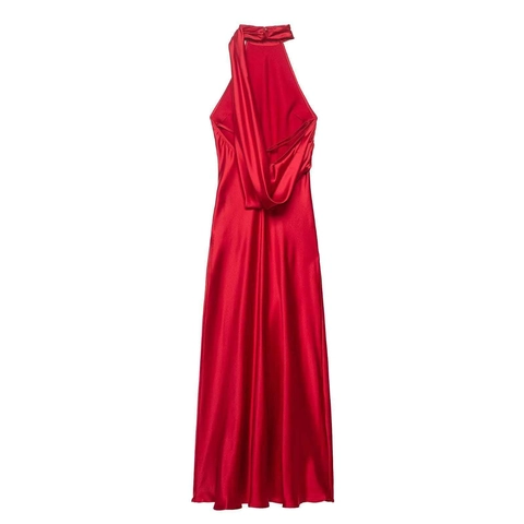 Abito Lungo in Raso Sexy da Donna con Scollatura all'Americana Rosso Schiena Scoperta Elegante per Feste Serale
