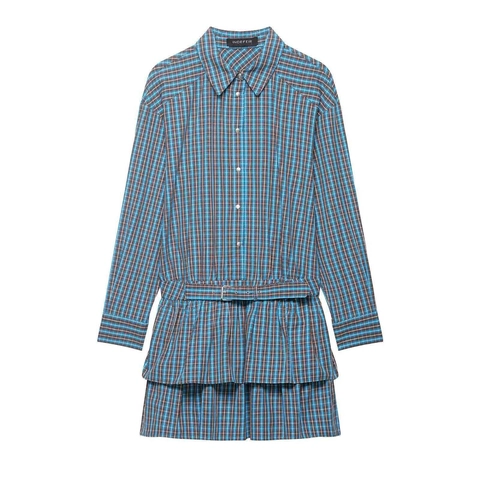 Damen Vintage Britischer Karo Langarm Hemdkleid Mit Gürtel Gestufter Rüschensaum Casual A-Linie Minikleid Blau Braun Karo