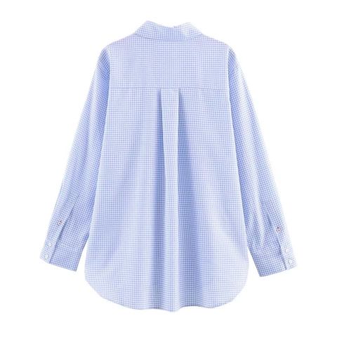 Women Blue White Gingham Long Sleeve Shirt Loose Fit Lapel Button Down Curved Hem Casual Office Blouse Top