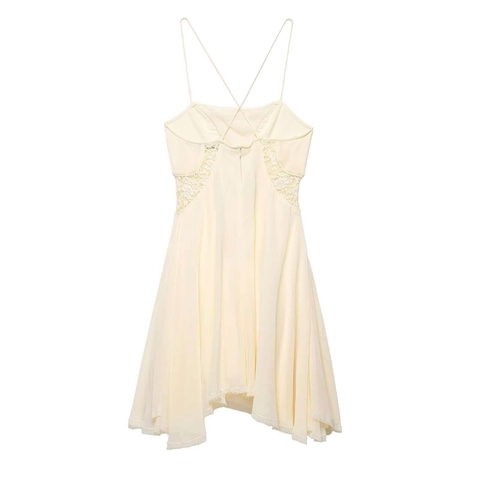 Women Elegant Pale Yellow Spaghetti Strap Dress Lace Patchwork Irregular Hem Backless Summer Sleeveless Midi Dress