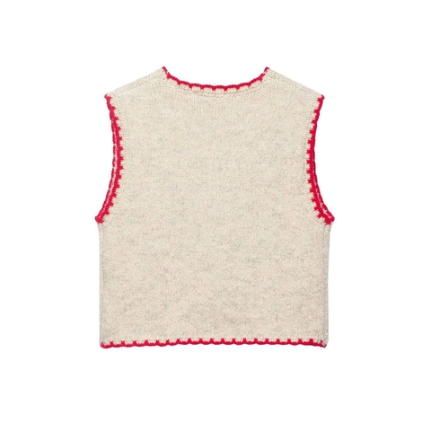 Damen Vintage Strickweste Mit Rotem Häkelbesatz Kontrast Pferd Stickerei V-Ausschnitt Ärmellose Weste Kurz Top