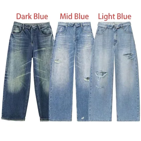 Vintage High Waisted Ripped Wide Leg Jeans For Women Distressed Washed Straight Denim Pants Casual Streetwear Loose Trousers