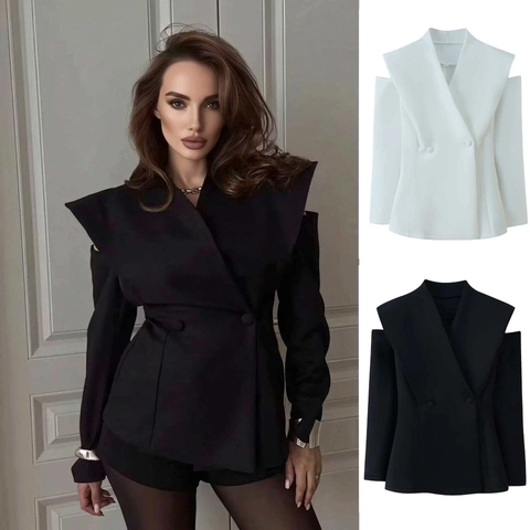 Blazer Sexy de Mujer con Hombros Descubiertos Elegante Ajustado Doble Botonadura Color Sólido Chaqueta de Traje Oficina Casual Top