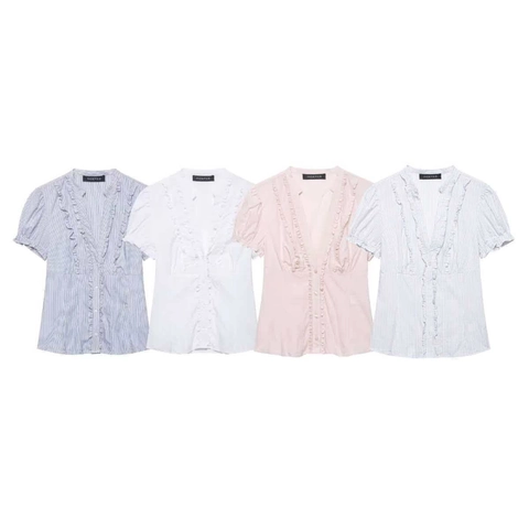 Damen V-Ausschnitt Kurzarm Gestreifte Bluse Mit Rüschen Sommer Casual Locker Button Up Hemd Tops Für Büro Alltag