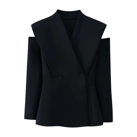 Blazer Sexy de Mujer con Hombros Descubiertos Elegante Ajustado Doble Botonadura Color Sólido Chaqueta de Traje Oficina Casual Top