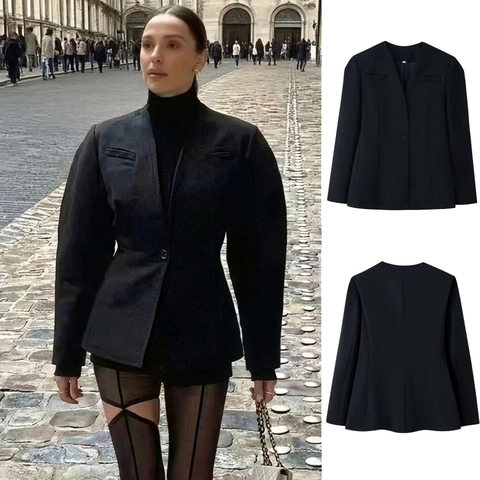 Elegant Damen Kragenloser Blazer V Ausschnitt Einfarbig Einzelknopf Slim Fit Langarm Mittelgroß Pendler Anzugsjacke Schwarz