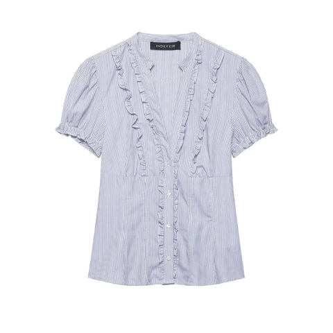 Damen V-Ausschnitt Kurzarm Gestreifte Bluse Mit Rüschen Sommer Casual Locker Button Up Hemd Tops Für Büro Alltag
