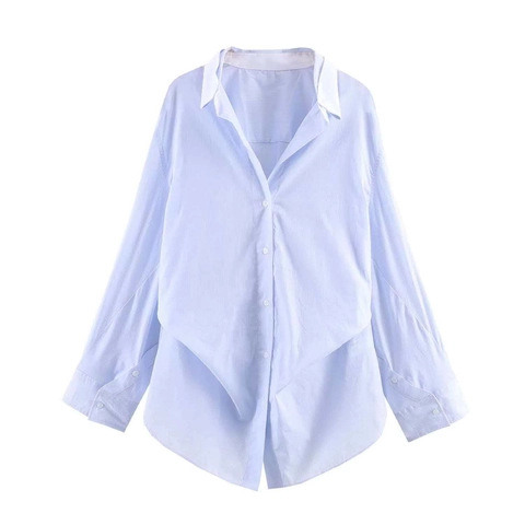 Blusa Casual para Mujer de Rayas Azules Manga Larga Dobladillo Asimétrico Cuello de Contraste Camisa de Popelina Oficina Tops