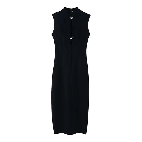Damen Elegant Ärmellos Stehkragen Ausschnitt Maxikleid Mit Metallschnallen Schlanke Passform Hoher Schlitz Party Abend Langes Kleid