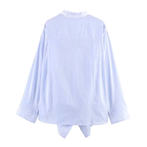 Blusa Casual para Mujer de Rayas Azules Manga Larga Dobladillo Asimétrico Cuello de Contraste Camisa de Popelina Oficina Tops