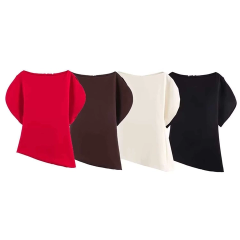 Women Asymmetric Off-the-shoulder Puff Sleeve Blouse Elegant Solid Color Mid-length Polyester Shirt Summer Casual Top