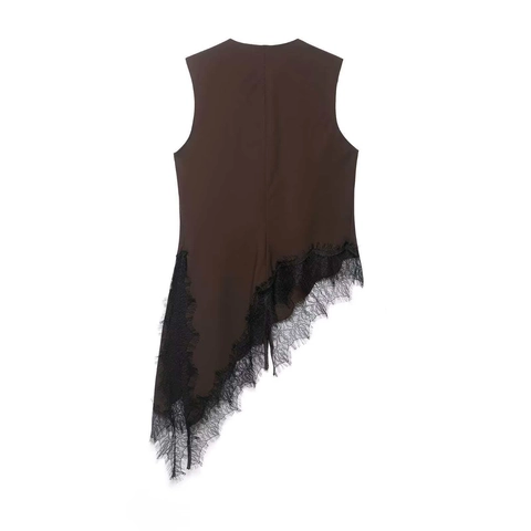 Women Casual V-Neck Sleeveless Vest Top Asymmetric Black Lace Hem Button Down Solid Color Coffee Summer Fashion Tank Top
