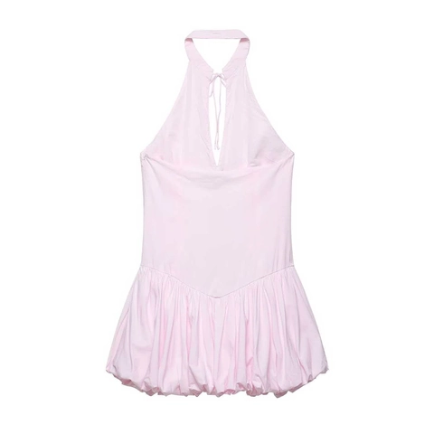 Robe Mini Sexy d'Été pour Femme Dos Nu Col en V Sans Manches en Popeline Rose Doux Ourlet Ballon Robe de Plage pour Vacances