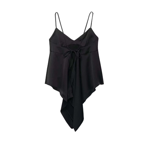 Damen Sexy V-Ausschnitt Schwarz Spaghettiträger Top Asymmetrischer Saum Rückenfrei Schnürung Sommer Mode Cami Tank Top