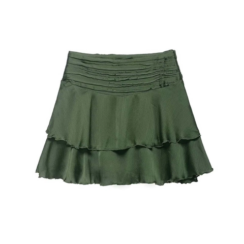 Gonna Mini da Donna Estiva con Texture in Raso a Strati e Volant a Vita Alta Arricciata Verde Oliva Casual Elegante