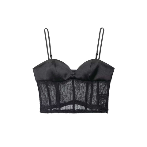 Women Sexy Satin Lace Patchwork Corset Top Spaghetti Strap Fishbone Slim Fit Sleeveless Party Camisole Black