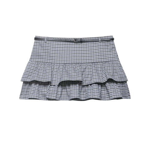 Women's Vintage Grey Plaid Mini Skirt With Belt Double Layer Ruffle Hem High Waist Casual Commuter Short A-Line Skirt