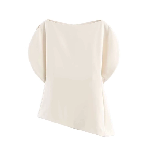 Women Asymmetric Off-the-shoulder Puff Sleeve Blouse Elegant Solid Color Mid-length Polyester Shirt Summer Casual Top