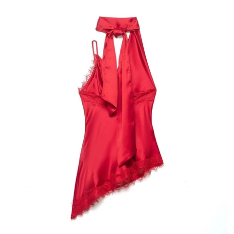 Women Satin Lace Halter Top Asymmetrical Cowl Neck Sleeveless Blouse With Bow Knot Elegant Party Backless Camisole Shirt