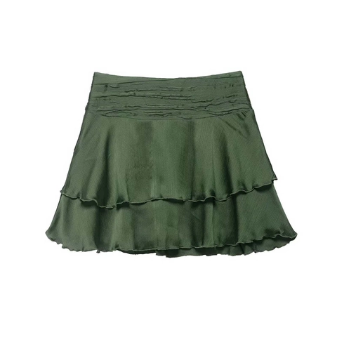 Gonna Mini da Donna Estiva con Texture in Raso a Strati e Volant a Vita Alta Arricciata Verde Oliva Casual Elegante
