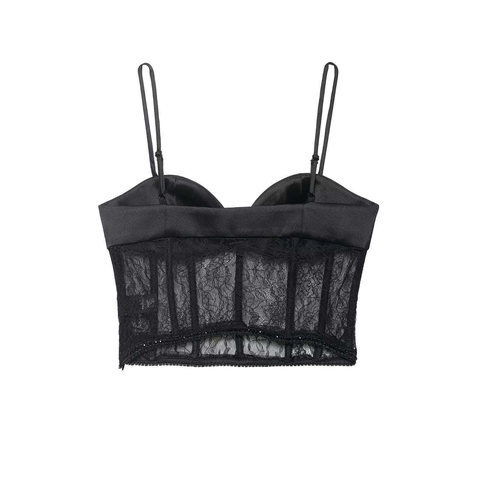 Women Sexy Satin Lace Patchwork Corset Top Spaghetti Strap Fishbone Slim Fit Sleeveless Party Camisole Black