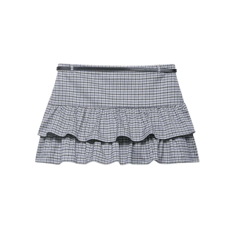 Women's Vintage Grey Plaid Mini Skirt With Belt Double Layer Ruffle Hem High Waist Casual Commuter Short A-Line Skirt