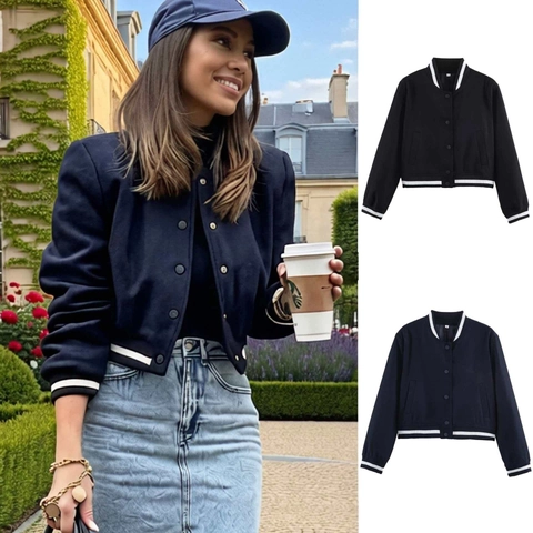 Women's Casual Varsity Bomber Jacket With Striped Rib Trim Snap Button Short Baseball Outerwear Coat Autumn Polyester Jacket