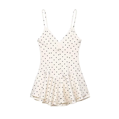 Robe Mini à Bretelles Sexy à Pois pour Femmes avec Col en V Profond et Ourlet à Volants Coupe Ajustée sans Manches Été Plage